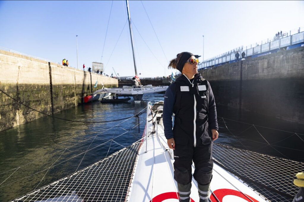 Alexia Barrier aboard the Ultim IDEC SPORT-CIC during a lock passage